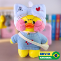 Paper Duck Pato Lalafanfan de pelúcia com blusão azul claro com faixa coração coreano - Pronta Entrega