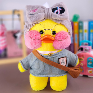 Paper Duck Pato Lalafanfan Amarelo de pelúcia com roupas e acessórios blusão cinza com faixa tiktok - Pronta Entrega