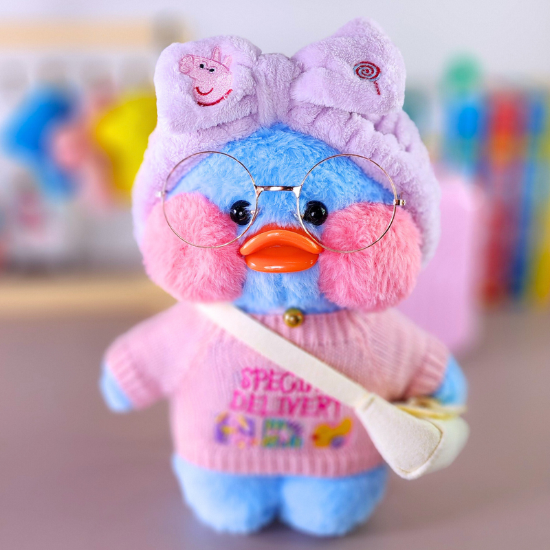 Pato Lalafanfan Azul Paper Duck de pelúcia com roupas e acessórios blusão special delivery com faixa peppa