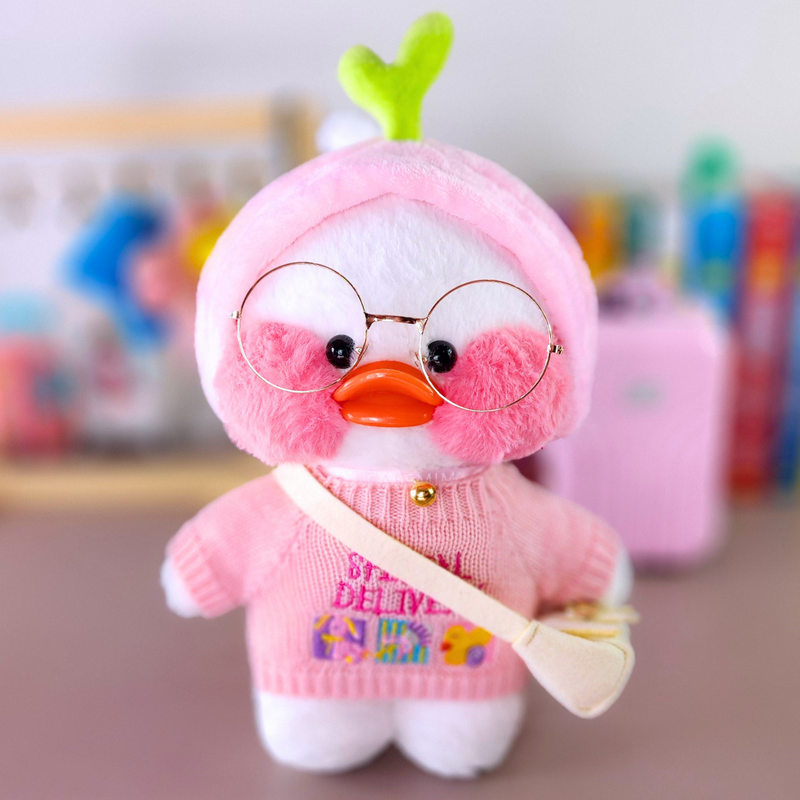 Paper Duck Pato Lalafanfan Branco de pelúcia com roupas e acessórios blusão special delivery com faixa frutinha