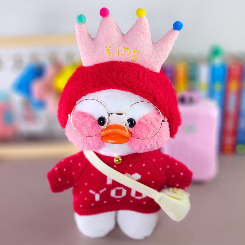 Pato Lalafanfan Branco Paper Duck de pelúcia com roupas e acessórios blusão vermelho i love you com faixa coroa