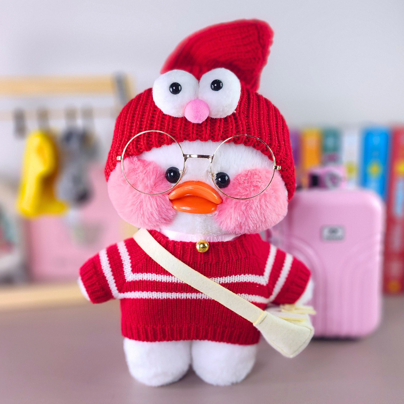 Paper Duck Pato Lalafanfan Branco de pelúcia com roupas e acessóriosblusão vermelho listrado com touca zoiuda