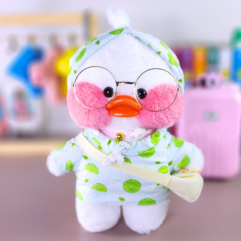 Pato Lalafanfan Branco Paper Duck de pelúcia com roupas e acessórios moletom limão