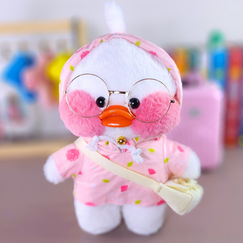 Paper Duck Pato Lalafanfan Branco de pelúcia com roupas e acessórios moletom frutinha