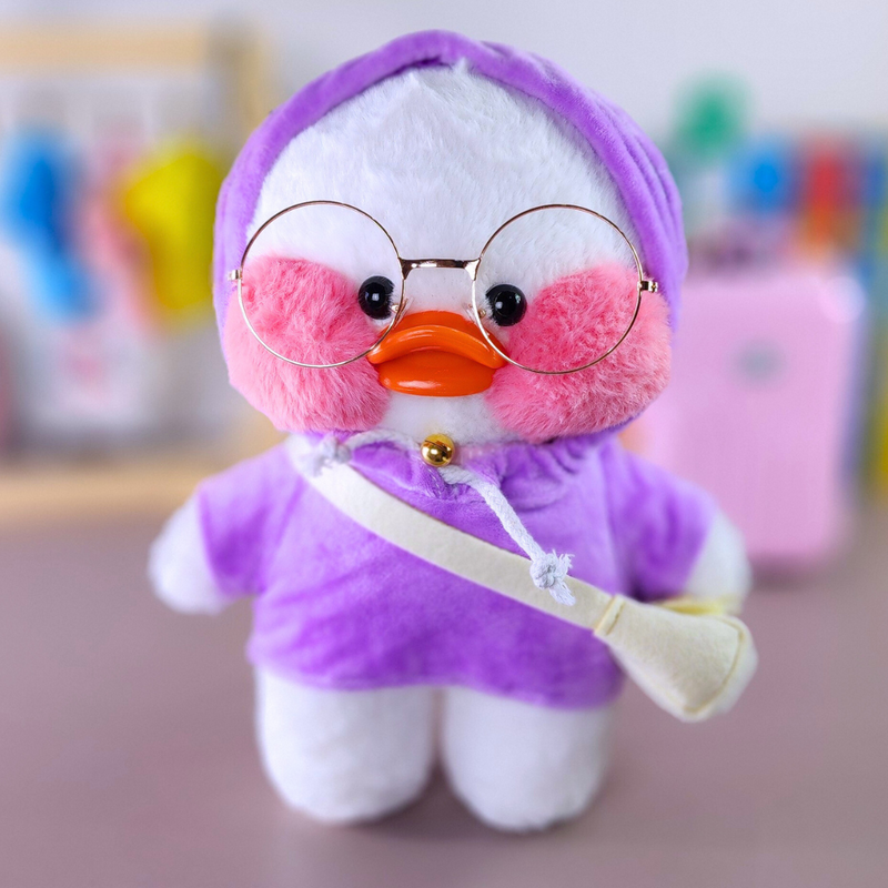 Pato Lalafanfan Branco Paper Duck de pelúcia com roupas e acessórios moletom lilás