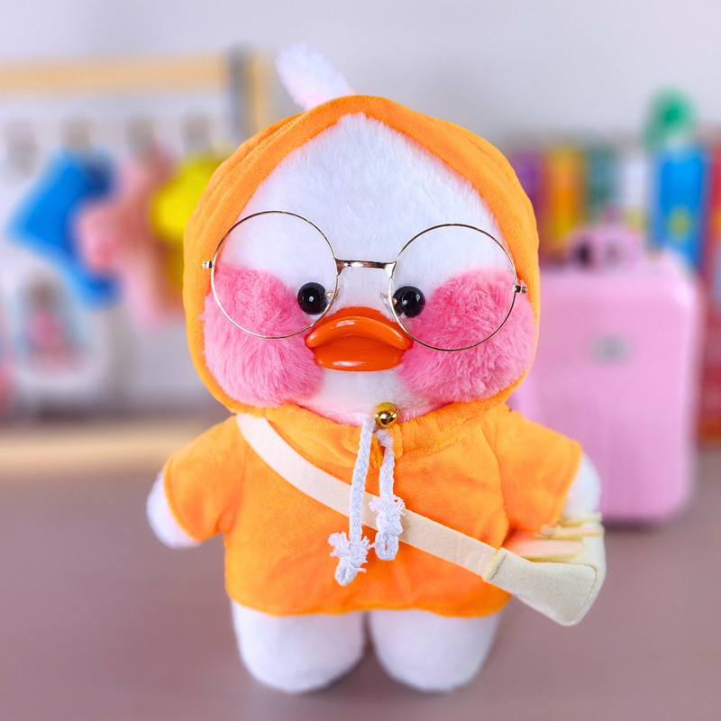 Pato Lalafanfan Branco Paper Duck de pelúcia com roupas e acessórios moletom laranja