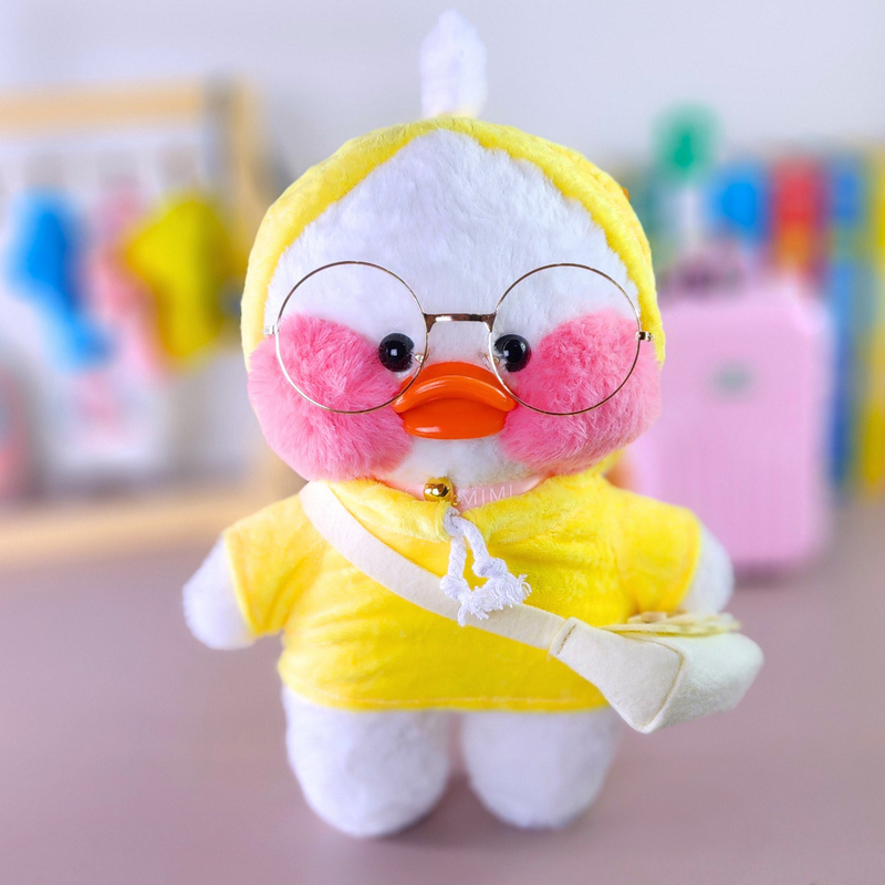 Pato Lalafanfan Branco Paper Duck de pelúcia com roupas e acessórios moletom amarelo