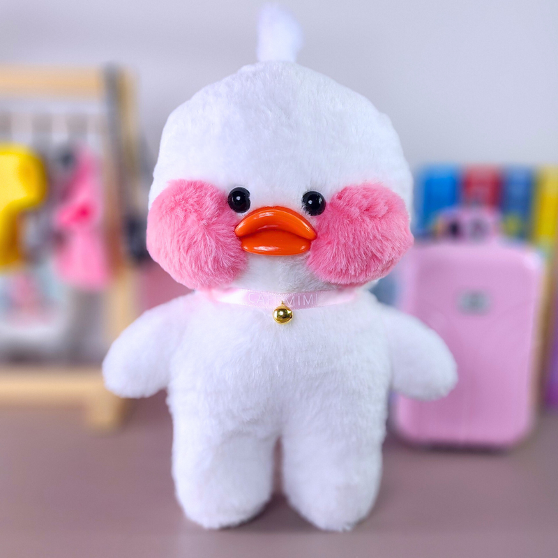 Paper Duck Pato Lalafanfan Branco de pelúcia com roupas e acessórios blusão listrado rosa com faixa pato - Pronta entrega