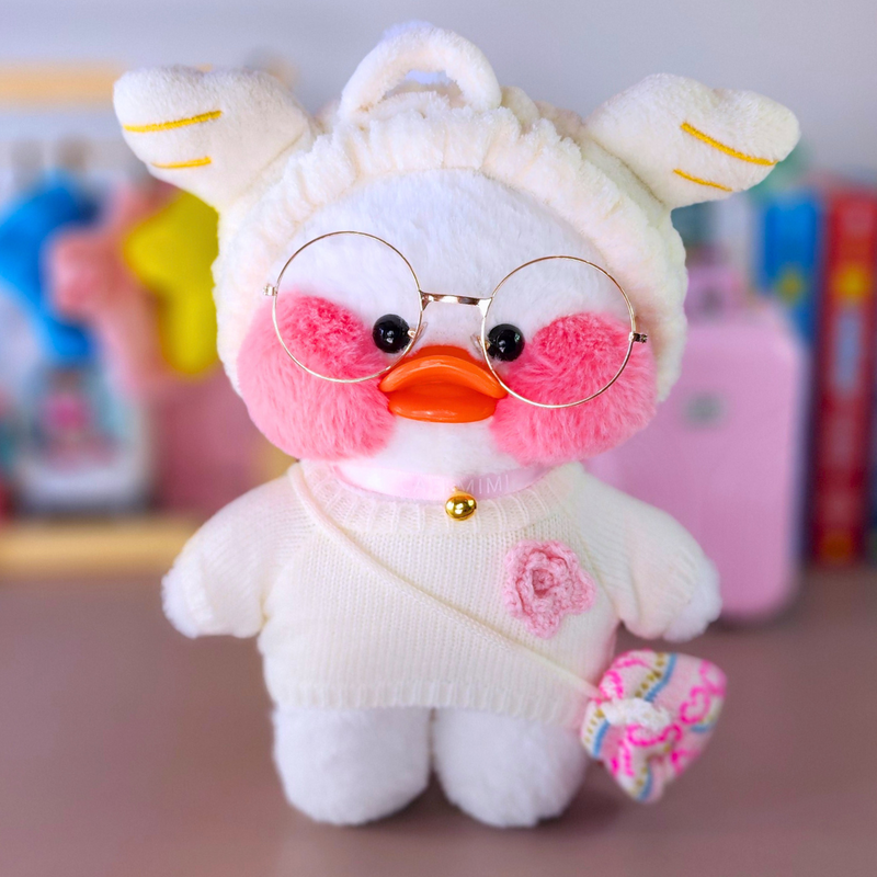 Pato Lalafanfan Branco Paper Duck de pelúcia com roupas e acessórios blusão branco flor com faixa sakura