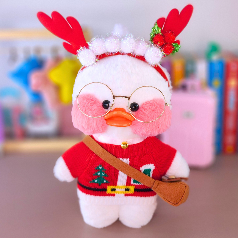 Pato Lalafanfan Branco Paper Duck de pelúcia com roupas e acessórios blusão de Natal com faixa rena natalina