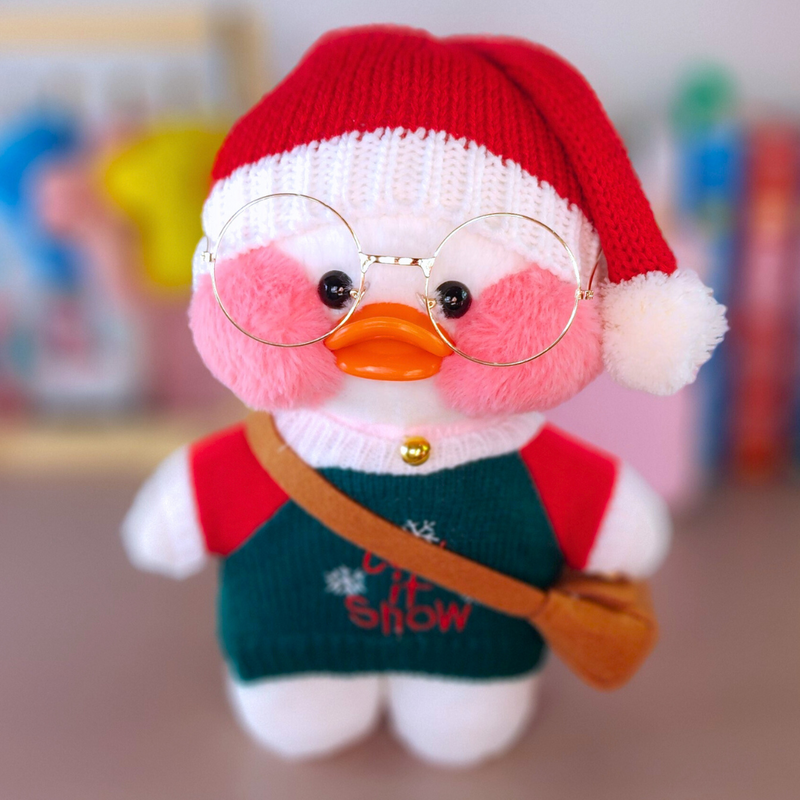 Pato Lalafanfan Branco Paper Duck de pelúcia com roupas e acessórios Blusão de Natal com touca de Natal