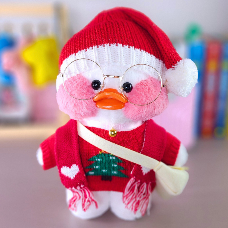 Pato Lalafanfan Branco Paper Duck de pelúcia com roupas e acessórios blusão pinheiro com touca de Natal