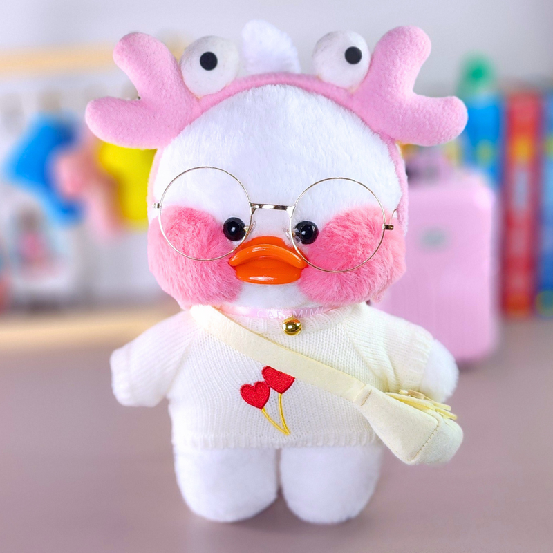 Pato Lalafanfan Branco Paper Duck de pelúcia com roupas e acessórios blusão branco corações com tiara siri