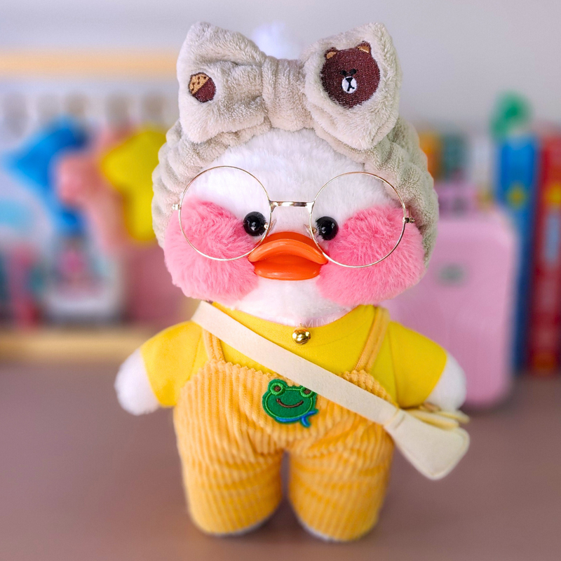 Pato Lalafanfan Branco Paper Duck de pelúcia com roupas e acessórios macacão sapo com faixa urso