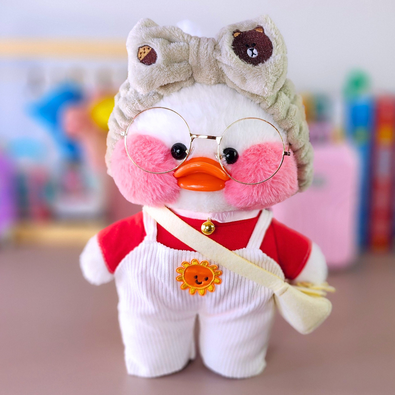 Pato Lalafanfan Branco Paper Duck de pelúcia com roupas e acessórios macacão sol com faixa urso