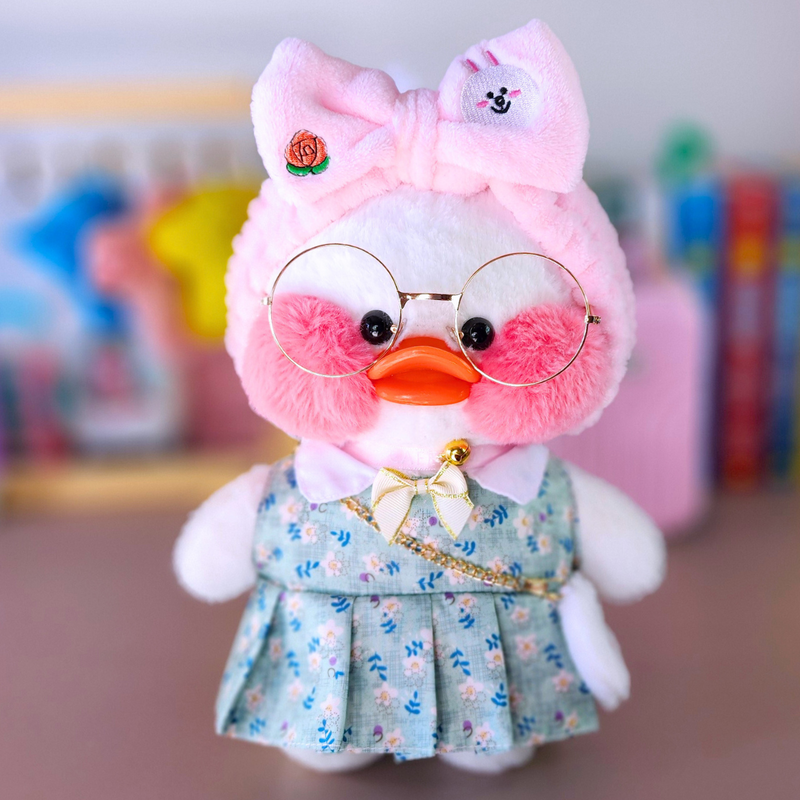 Pato Lalafanfan Branco Paper Duck de pelúcia com roupas e acessórios vestido floral verde com faixa coelho