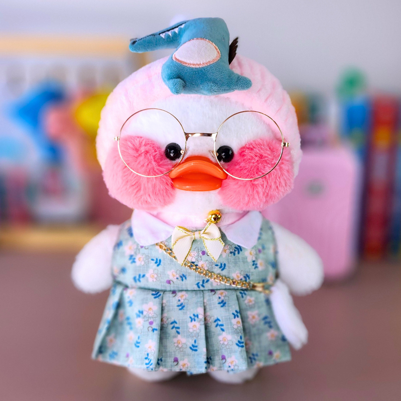 Pato Lalafanfan Branco Paper Duck de pelúcia com roupas e acessórios vestido floral verde com faixa jacaré