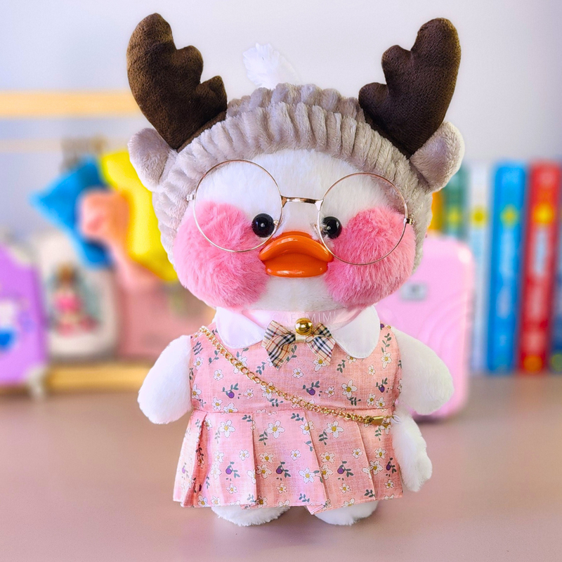 Pato Lalafanfan Branco Paper Duck de pelúcia com roupas e acessórios vestido floral rosa com faixa rena