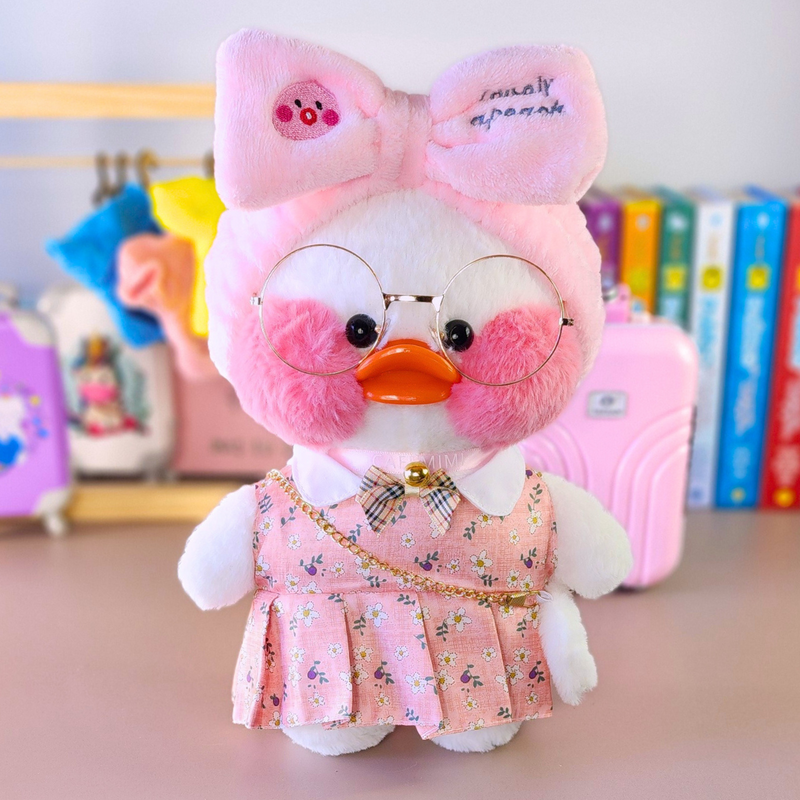 Pato Lalafanfan Branco Paper Duck de pelúcia com roupas e acessórios vestido floral rosa com faixa pato