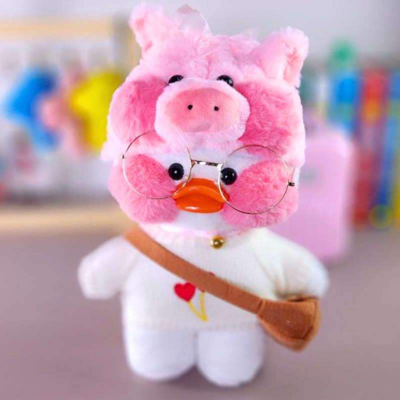 Paper Duck Pato Lalafanfan Branco de pelúcia com roupas e acessórios blusão branco corações com touca pig