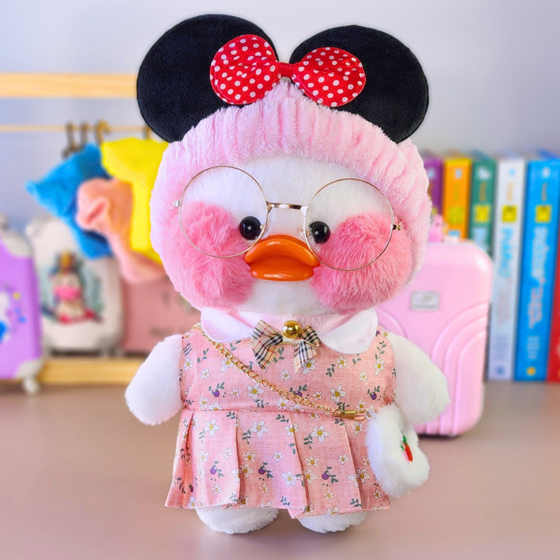 Pato Lalafanfan Branco Paper Duck de pelúcia com roupas e acessórios vestido floral rosa com faixa Minnie