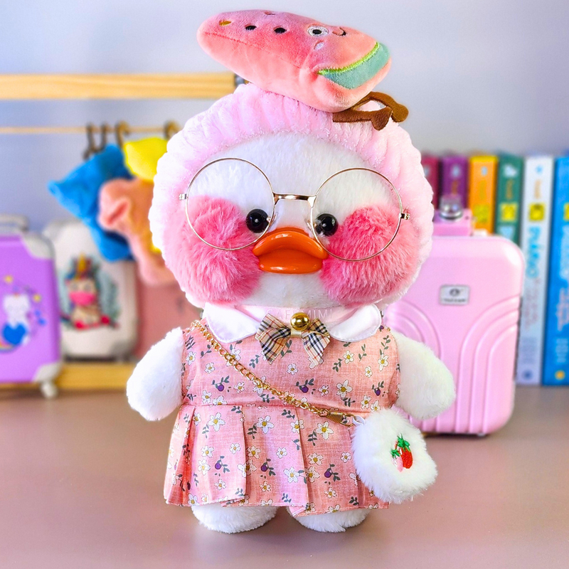 Pato Lalafanfan Branco Paper Duck de pelúcia com roupas e acessórios vestido floral rosa com faixa melancia