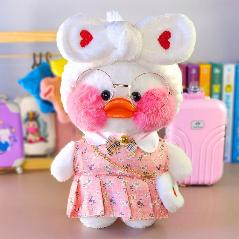 Pato Lalafanfan Branco Paper Duck de pelúcia com roupas e acessórios vestido floral rosa com faixa coração