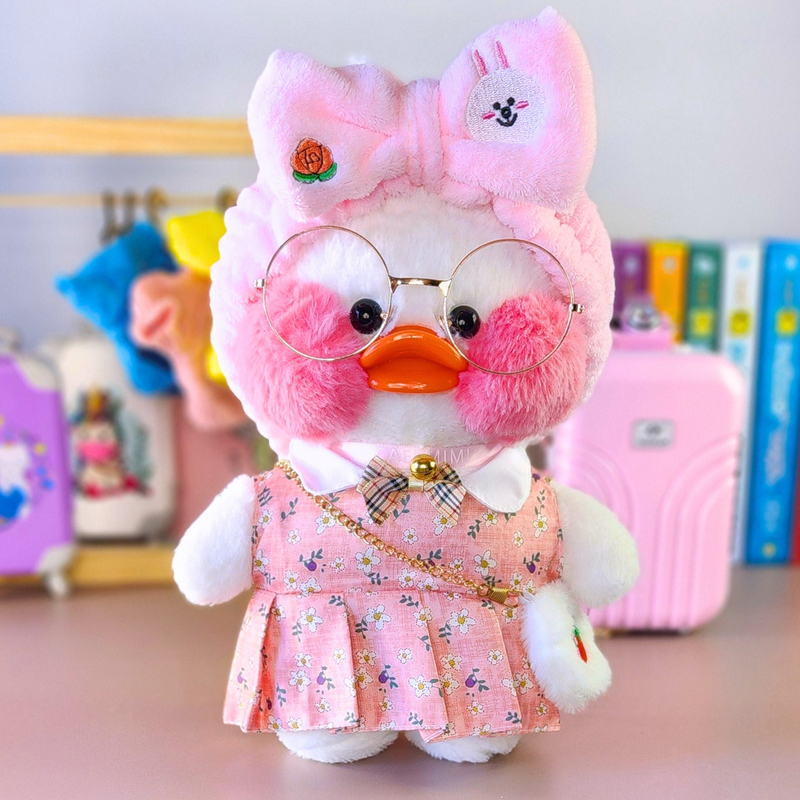 Pato Lalafanfan Branco Paper Duck de pelúcia com roupas e acessórios vestido floral rosa com faixa coelho