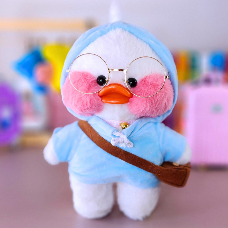 Pato Lalafanfan Branco Paper Duck de pelúcia com roupas e acessórios moletom azul