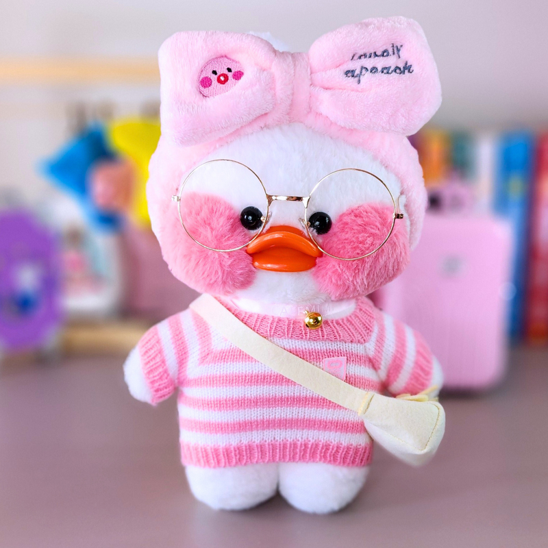 Pato Lalafanfan Branco Paper Duck de pelúcia com roupas e acessórios blusão listrado rosa com faixa pato