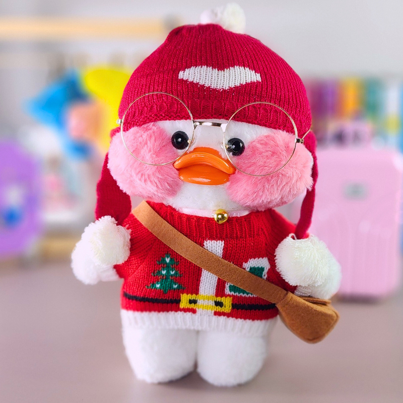 Pato Lalafanfan Branco Paper Duck de pelúcia com roupas e acessórios blusão de natal com touca coração