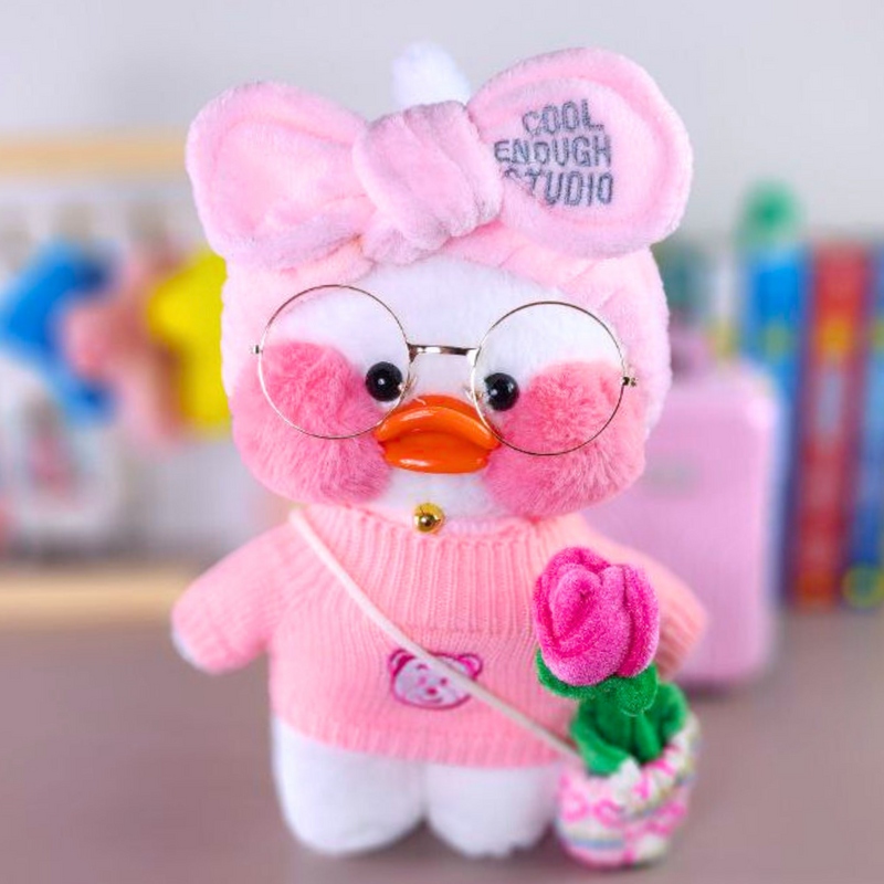 Paper Duck Pato Lalafanfan Branco de pelúcia com roupas e acessórios blusão rosa urso faixa cool