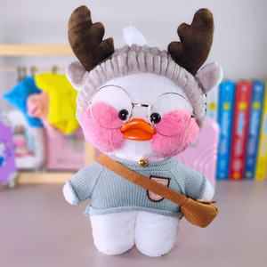 Paper Duck Pato Lalafanfan Branco de pelúcia com roupas e acessórios blusão cinza com faixa rena - Pronta Entrega