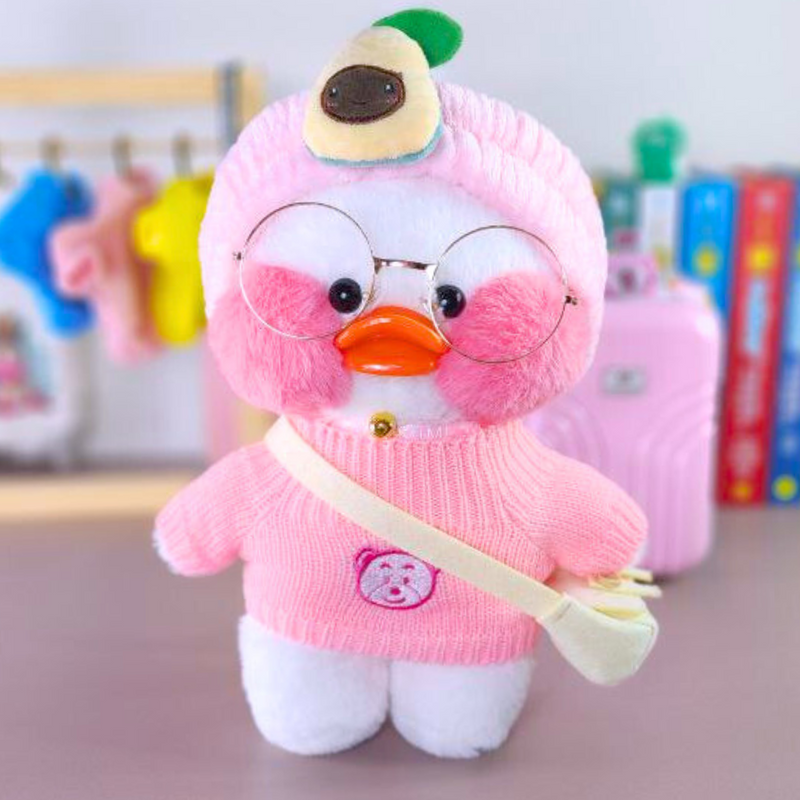 Pato Lalafanfan Branco Paper Duck de pelúcia com roupas e acessórios blusão rosa urso com faixa abacate