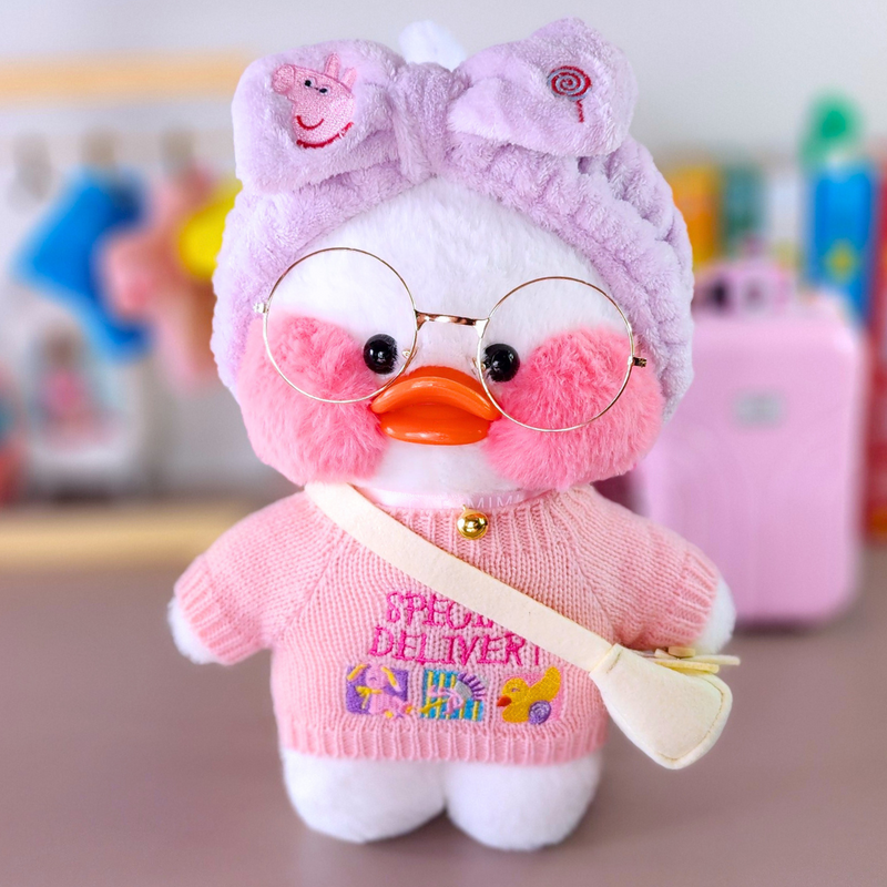 Paper Duck Pato Lalafanfan Branco de pelúcia com roupas e acessórios blusão special delivery com faixa peppa - Pronta entrega