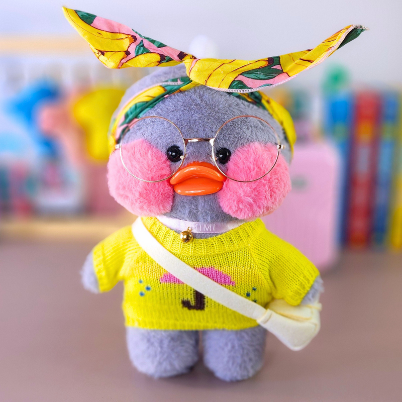 Paper Duck Pato Lalafanfan Cinza de pelúcia com roupas e acessórios blusão guarda-chuva com faixa