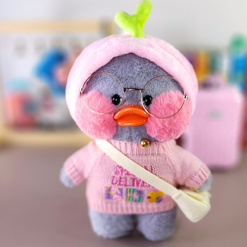 Paper Duck Pato Lalafanfan Cinza de pelúcia com roupas e acessórios blusão special delivery com faixa frutinha