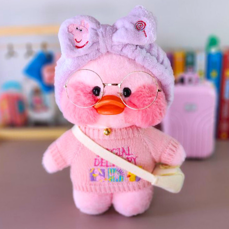 Pato Lalafanfan Rosa Paper Duck de pelúcia com roupas e acessórios blusão special delivery com faixa peppa