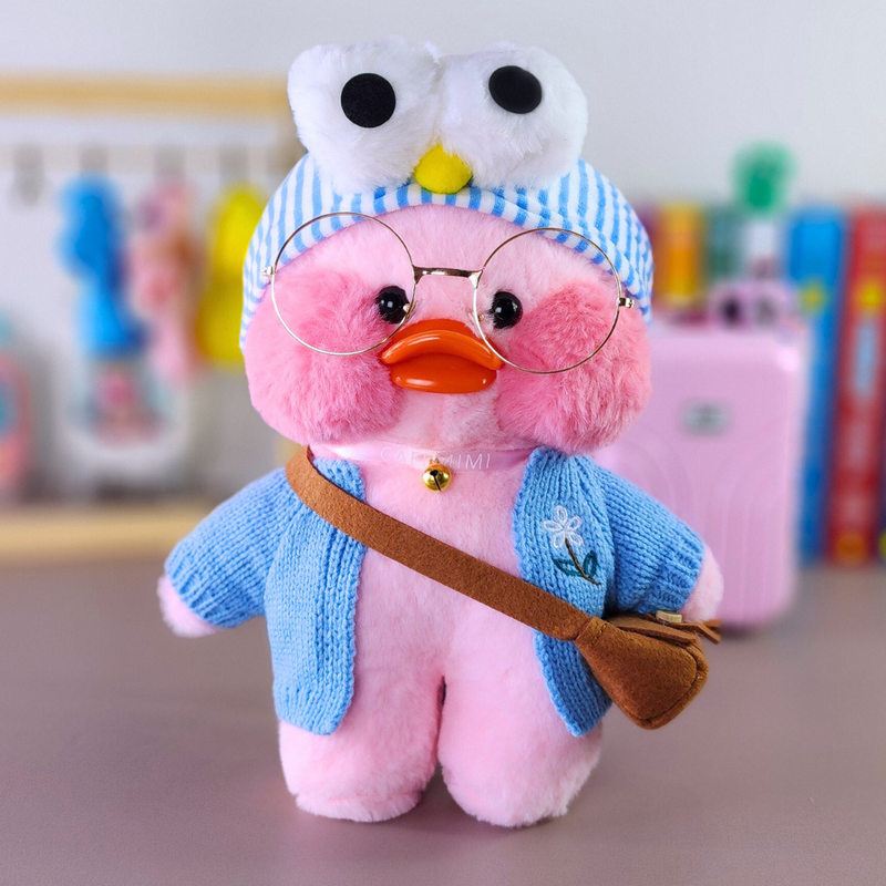 Pato Lalafanfan Rosa Paper Duck de pelúcia com roupas e acessórios casaco azul com faixa zoiudo