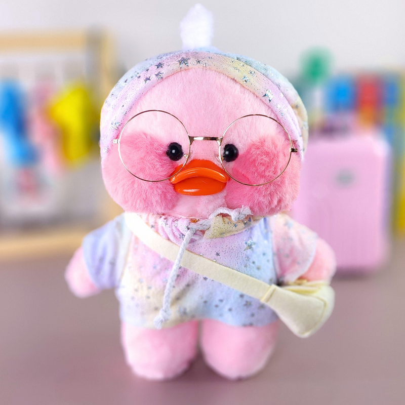 Pato Lalafanfan Rosa Paper Duck de pelúcia com roupas e acessórios moletom colorido estrelas