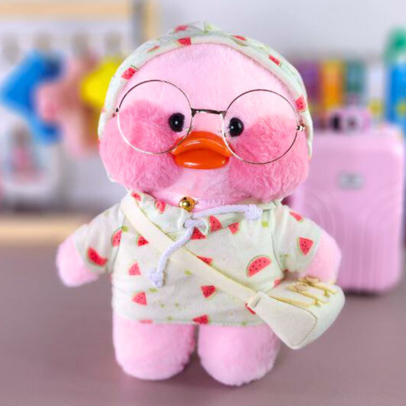 Paper Duck Pato Lalafanfan Rosa de pelúcia com roupas e acessórios moletom melancia