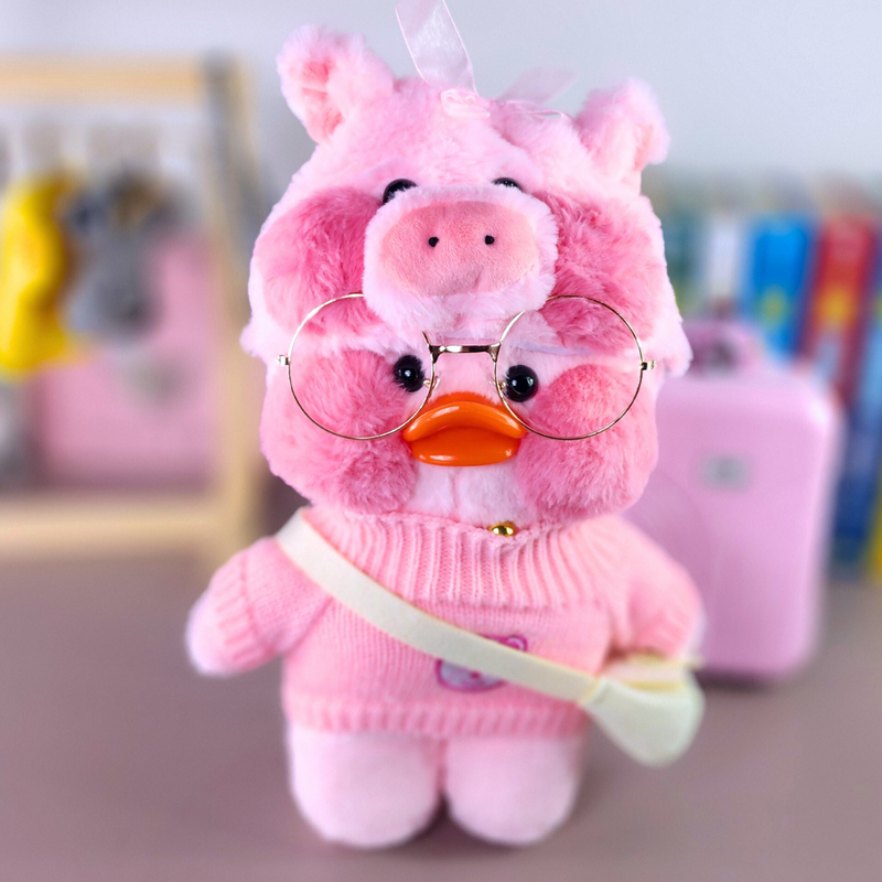 Paper Duck Pato Lalafanfan Rosa de pelúcia com roupas e acessórios blusão rosa urso com touca pig - Pronta Entrega