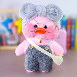 Paper Duck Pato Lalafanfan Rosa de pelúcia com roupas e acessórios macacão cinza com faixa cool - Pronta Entrega