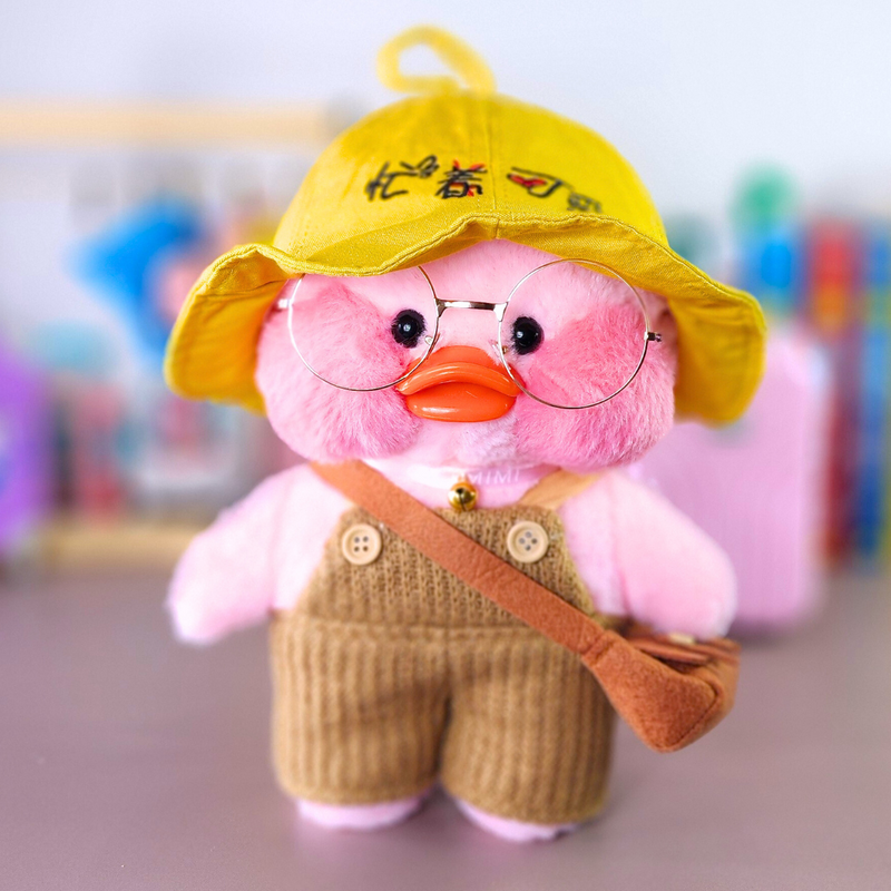 Pato Lalafanfan Rosa Paper Duck de pelúcia com roupas e acessórios macacão marrom com chapéu amarelo