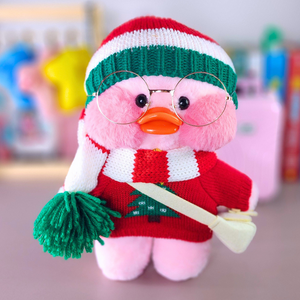 Paper Duck Pato Lalafanfan Rosa de pelúcia com roupas e acessórios blusão árvore de natal com touca comprida - Pronta entrega