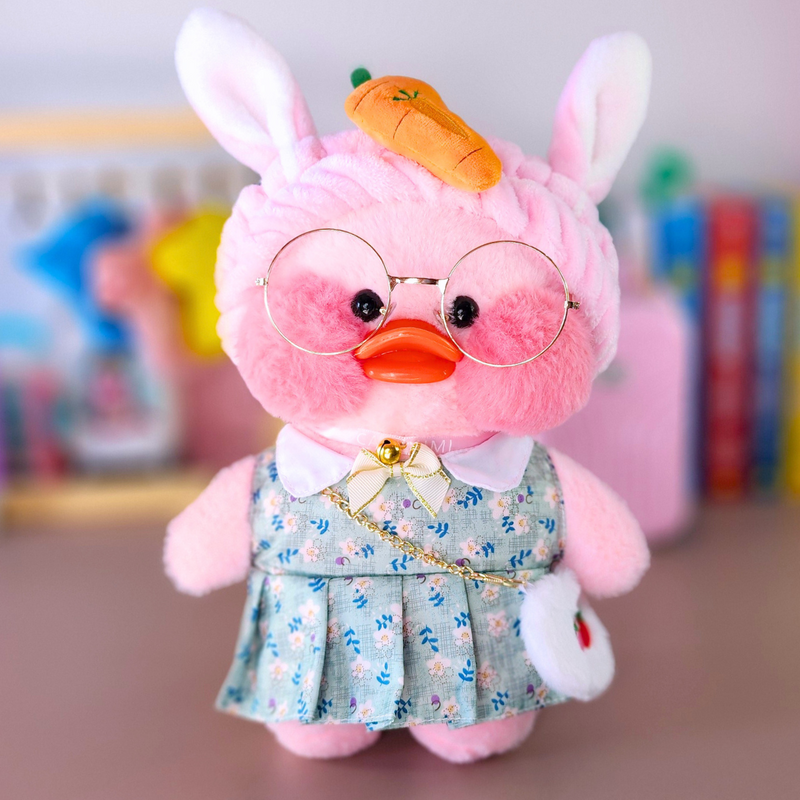 Pato Lalafanfan Rosa Paper Duck de pelúcia com roupas e acessórios vestido floral verde com faixa orelhas de coelho com cenoura