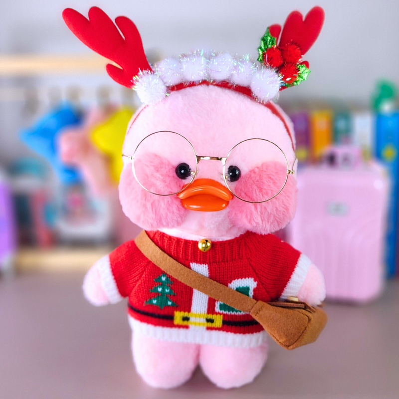 Pato Lalafanfan Rosa Paper Duck de pelúcia com roupas e acessórios blusão de Natal com faixa rena natalina