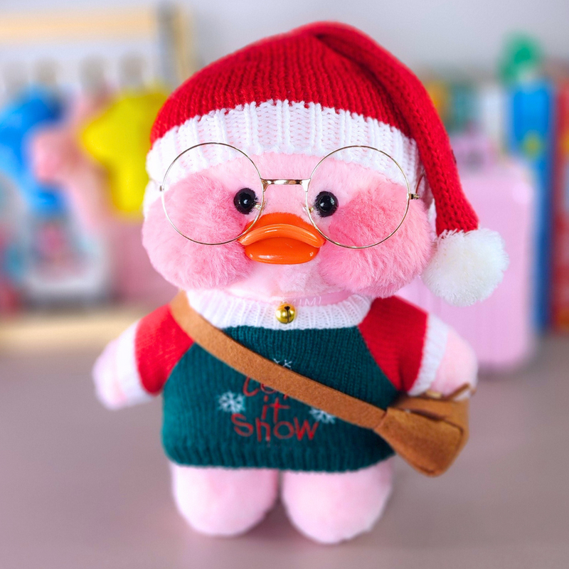 Pato Lalafanfan Rosa Paper Duck de pelúcia com roupas e acessórios Blusão de Natal com touca de Natal