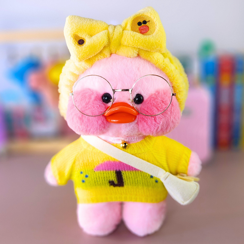 Pato Lalafanfan Rosa Paper Duck de pelúcia com roupas e acessórios blusão guarda-chuva com faixa pato