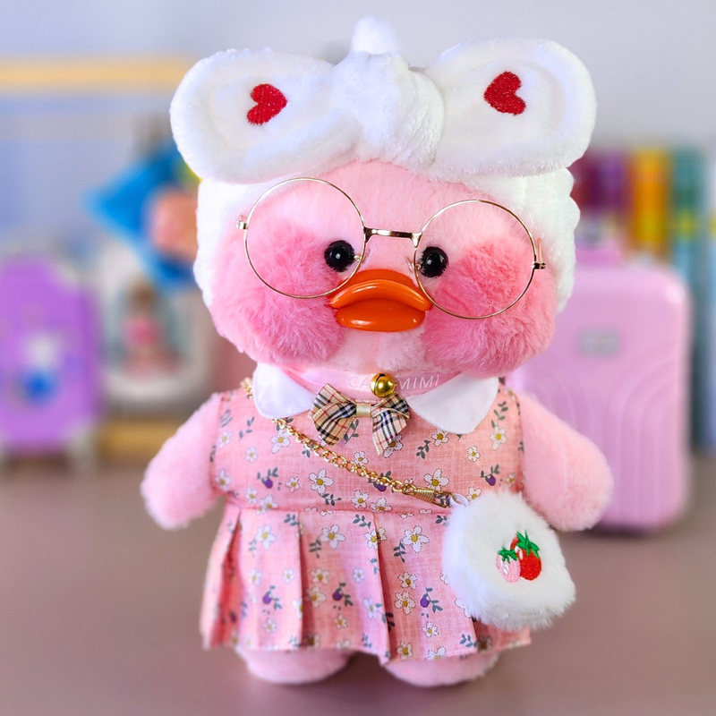 Pato Lalafanfan Rosa Paper Duck de pelúcia com roupas e acessórios vestido floral rosa com faixa coração